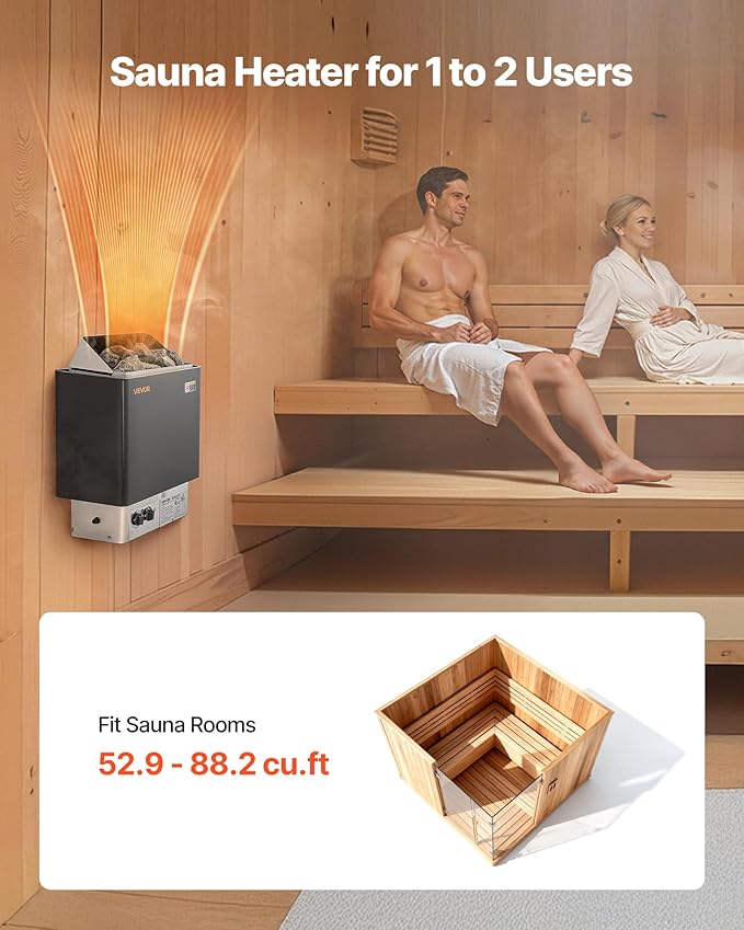 VEVOR Sauna Heater, 2KW AC 120V Electric Sauna Stove, Dry Steam Bath Saunas Stove with Pre-Drilled Bracket, Fit 52.9 to 88.2 CU.FT Saunas Rooms, Steam Bath Stoves for Home, Commercial, Leisure Venues