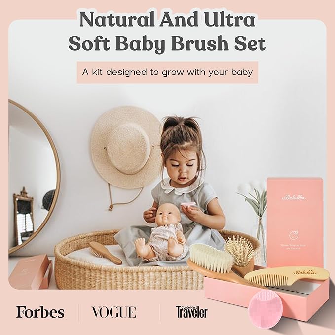 4 Piece Wooden Baby Hair Brush and Comb Set for Newborns & Toddlers in Chic Gift Box - Ultra Soft Natural Goat Hair and Wood Baby Brush Set Prevents Cradle Cap - Perfect Registry Gift (Pink)