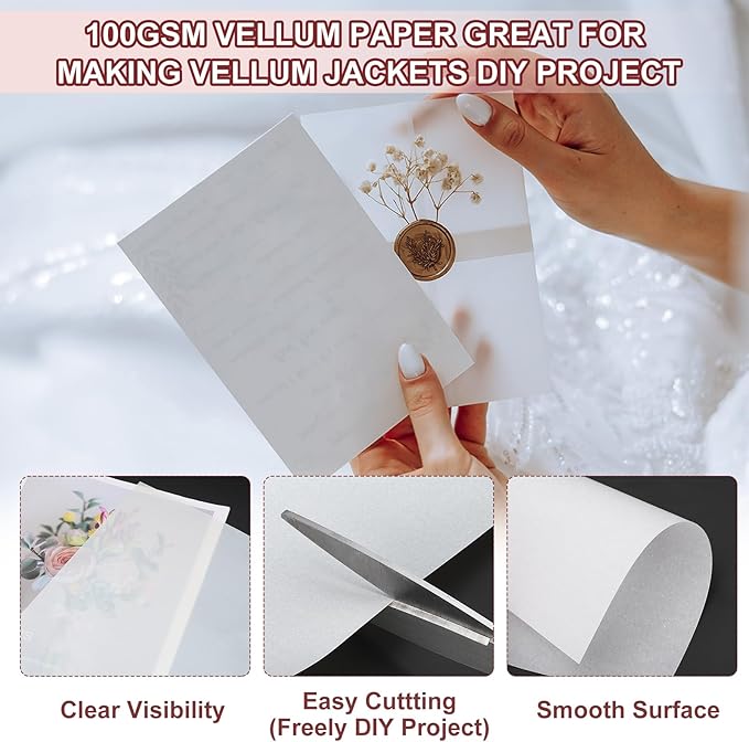 PATIKIL 60 Sheets Vellum Paper 4.25x5.5, Vellum Paper Printable Translucent Paper 100GSM Colored for Invitations Laser Inkjet Printing Card Making Crafting Wedding Tracing, Pink
