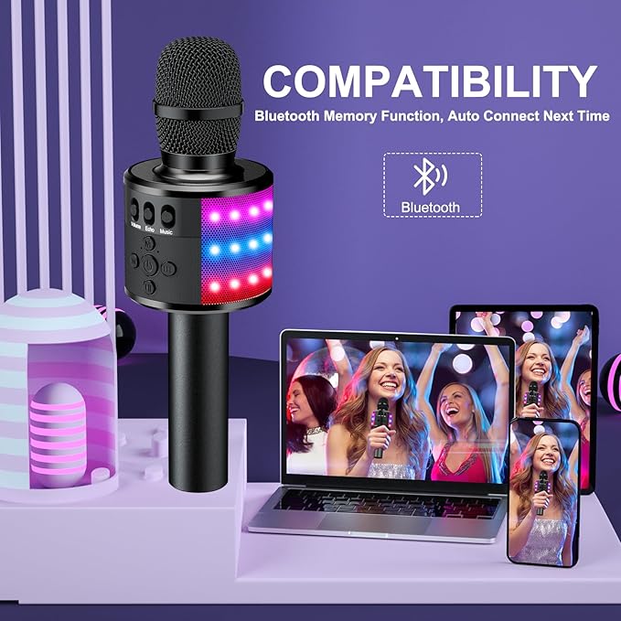 BONAOK Karaoke Microphone for Kids & Adults - Bluetooth Microphones Singing Mic with Disco Lights, Echo Effect, Built-in Speaker Portable Karaoke Player for Party Travel Gifts Q78(Black)