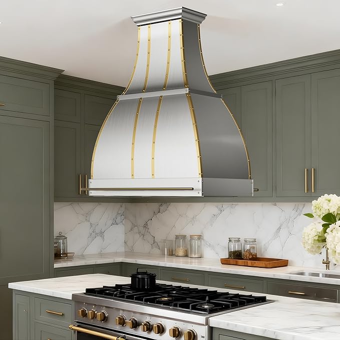 CHETTO C Stainless Steel Range Hood Cover with Quiet Vent Hood Insert Custom Handcrafted Metal Kitchen Fan with Towel Rack LED Light 42"W x27"D x60"H Brushed Stainless Steel Island Mount
