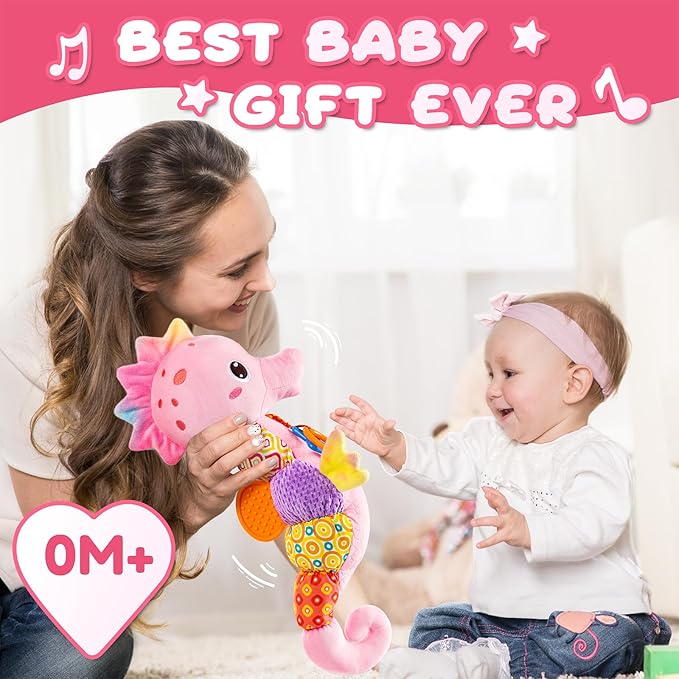 Baby Toys 0 to 12 Months, Musical Stuffed Animal Activity Soft Toys with Multi-Sensory Crinkle, Rattle and Textures,Infant Tummy Time Toys for Newborn Girls, Seahorse, Pink