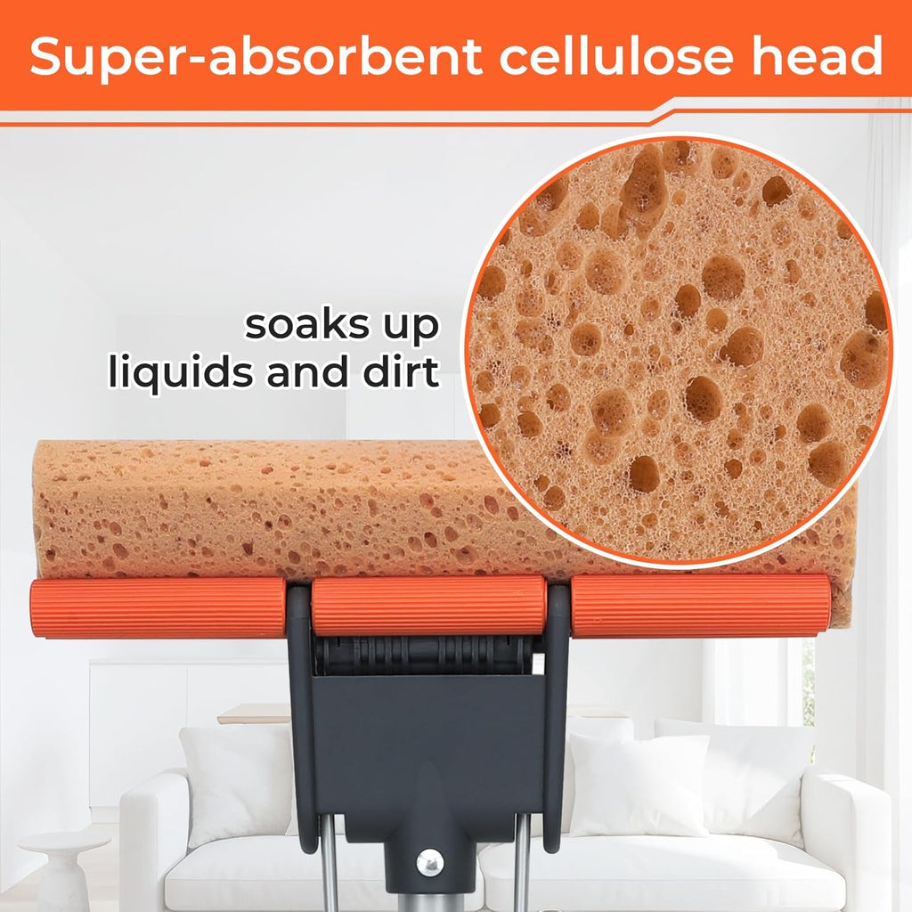 Sponge Mops for Floor Cleaning with 2 Cellulose Mop Head Refills and 55” Long Handle, Heavy Duty Roller Mop, Easy Self Squeeze for Hard Wood Tile Concrete Bathroom or Kitchen Floor Wall Ceiling
