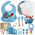 O'doe 17-Piece BPA-Free Silicone Baby Feeding Set | Thick & Soft Suction Plates, Baby Bowls, Wooden Fork & Spoon, and More | Make Mealtime Fun and Easy for Your Little One (Blue, V2)