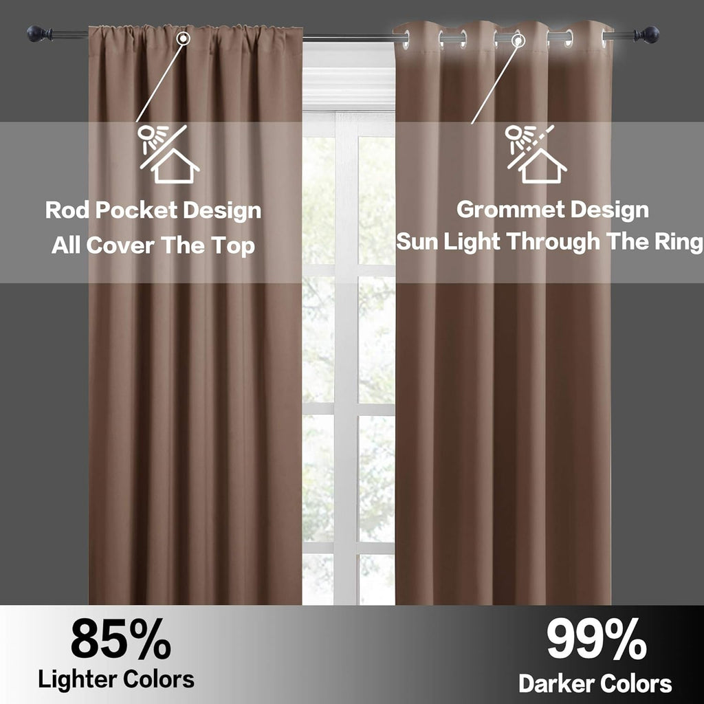 RYB HOME Blackout Curtain Set - Solid Country Curtains Sunlight Glare Block Noise Reduce Drapes for Bedroom Kitchen Cafe Basement RV Cargo Window, 52 x 36 inch Long, Cappuccino, 2 Pcs