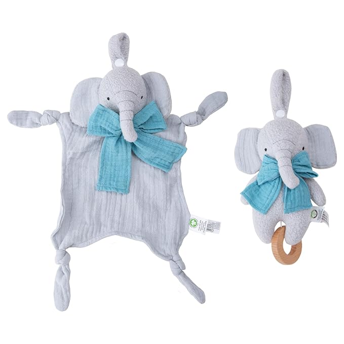 Organic Cotton Stuffed Animal Rattle Baby Toys, Organic Elephant Cuddle Cloth & Organic Musical Elephant Plush Toy Set for Newborns Infant Boys Girls, 2 PCS