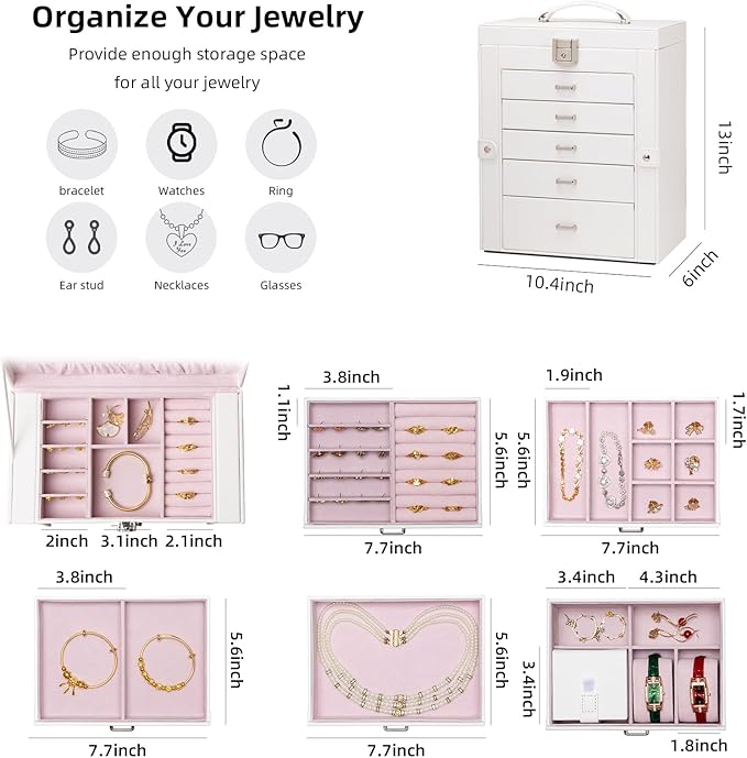 Large Jewelry Box,5-Tier PU Leather Jewelry Organizer with Lock,Multi-functional Storage Case with Mirror,Jewelry Organizer for Bracelets, Earrings, Rings, Necklaces, Mothers Day (CREAM)