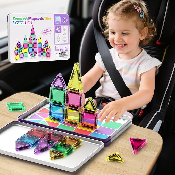 Magnetic Tiles Building Stacking Blocks Magnetic Tiles Travel Toy STEM Educational Toys 40-Piece Kids Toys for Classroom Sensory Play Ideal for Children Aged 3-8 Years Old