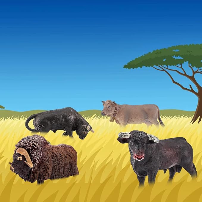 LC JoyCre Bulls Toys Cows Figurines 4PCS Realistic Big Swiss Cow Figures Toys for Toddlers African Bull Musk Ox Cow Figures for Kids Birthday 3 4 5 6 Year Old