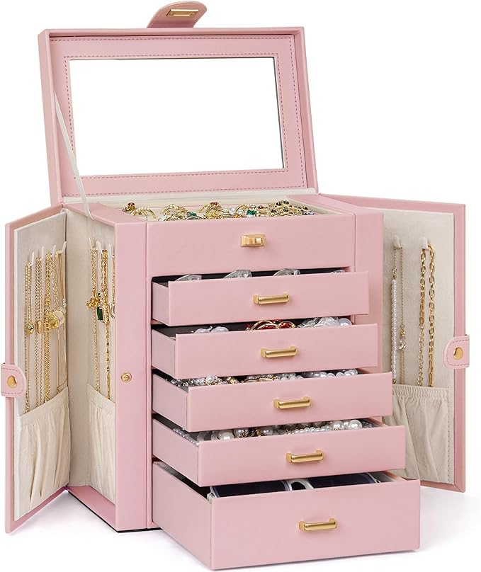 AKOZLIN 6-Tier Jewelry Box Organizer Functional 5 Drawers Leather Jewelry Storage Case for Women Girls Ring Necklace Earring Bracelet Holder Organizer with Mirror Pink