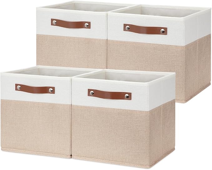 HNZIGE Fabric Storage Baskets Cubes Bins for Shelves, 11 x11 Foldable Storage Bins, Decorative Storage Basket with Leather Handles for Storage Clothes Home Nursery(White Beige-4Pack)