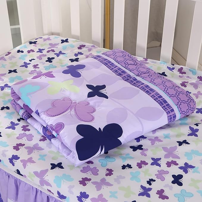 Wowelife Butterfly Crib Bedding Set for Girls 3 Piece Baby Girl Bedding Sets Purple Nursery Crib Sets Newborn, Infant &Toddler Include Quilted Comforter,Crib Skirt and Fitted Sheet, Purple