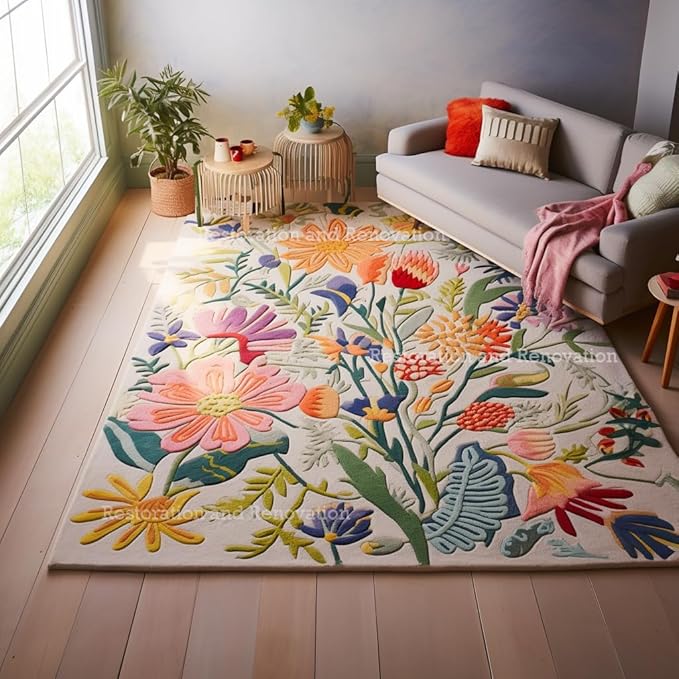 Handmade Wool Floral Area Rug for Living Room | Elegant Flower Garden Design, Soft, Thick and Durable | Bedroom, Dining Room & Home Decor Carpet (2.6' x 8', Floral B)