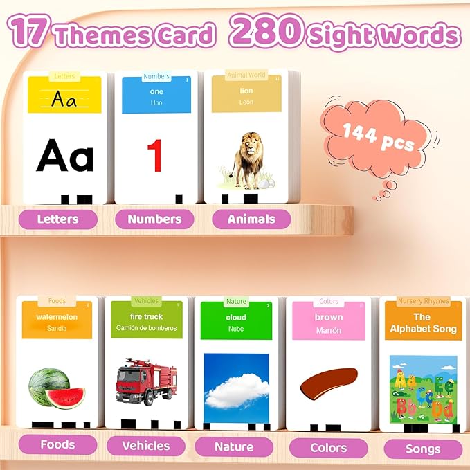 Toddlers Bilingual Spanish & English Talking Flash Cards with 288 Sight Words, Speech Therapy Toys for 1 2 3 4 5 6 Years Old Boys and Girls, Learning Educational Kids Gifts (Pink)