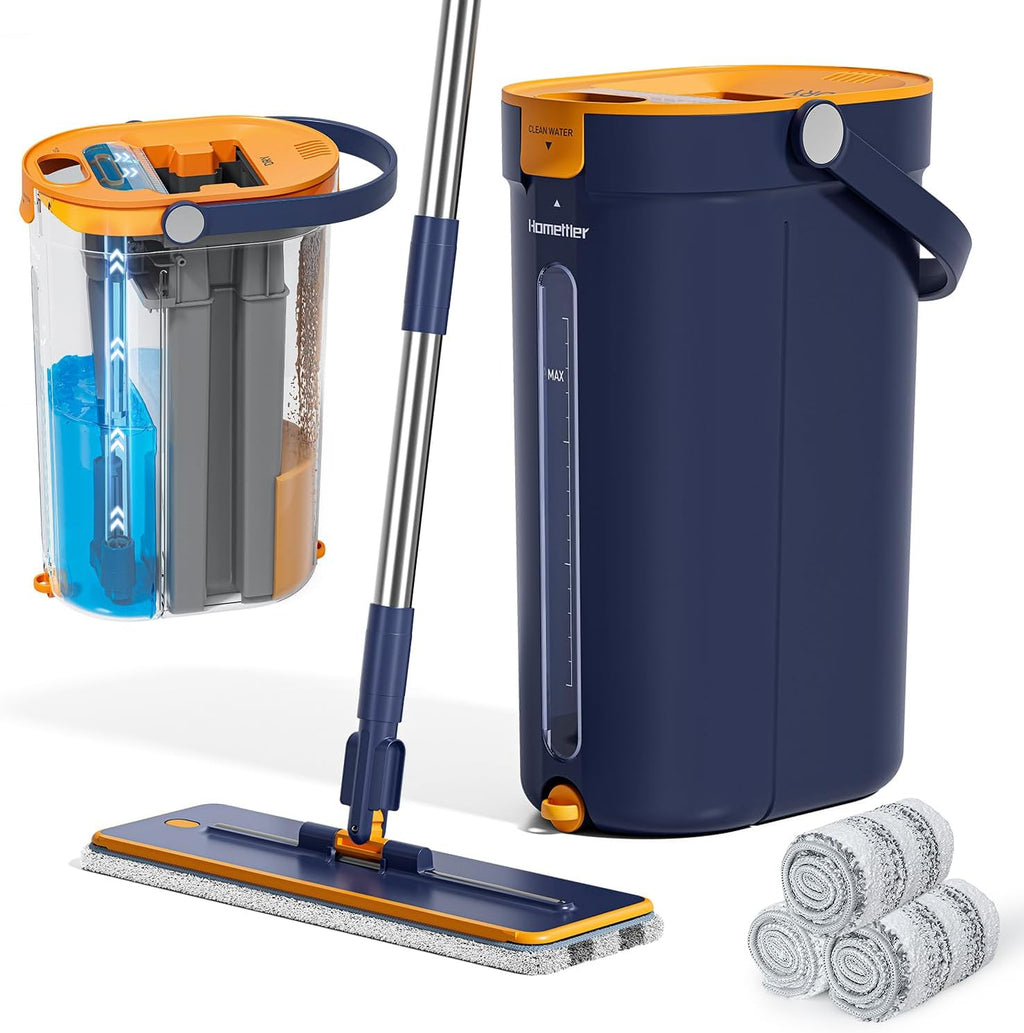 Mop and Bucket Set with Wringer, 3-Tank Flat Mop and Bucket System, Wall Mop Cleaner with Long Handle, Hands Free Mops for Floor Cleaning with 4 Microfiber Pads