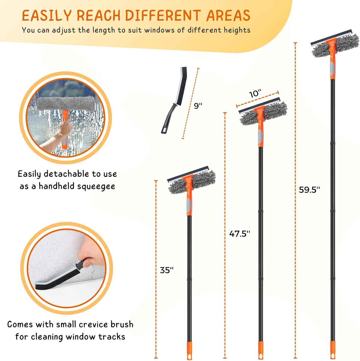 Window Cleaner Tool for Home, 59.5'' Squeegee Kit for Car Windshield, Shower Door, Mirror Cleaning, 2 in 1 Outdoor Glass Washer with Extension Pole