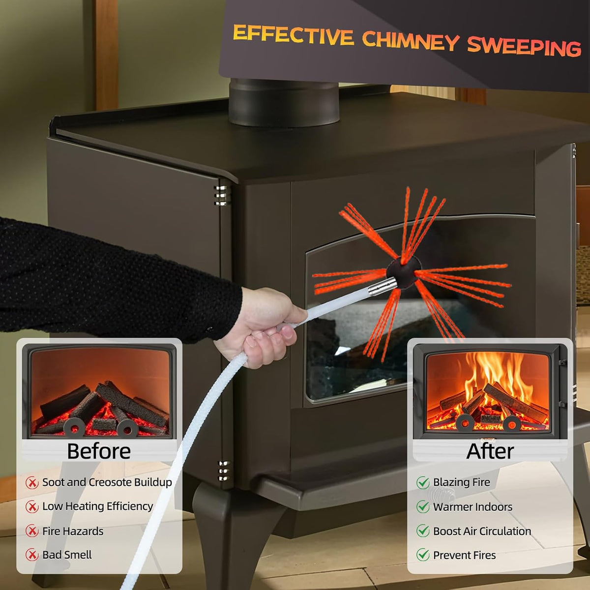 30 Feet Chimney Sweep Kit, Chimney Cleaning Kit with 9 Flexible White Chimney Rods, Chimney Brush for Sweeping Fireplace, Rotary Chimney Cleaning System Driven by Drill