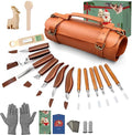 COZYGIFT Wood Carving Kit for Adults & Beginners - 31-Piece Set with 7 Whittling Knives & 6 Detail Gouges, 2 Pre-Carved Basswood Blocks, Leather Roll & Splinter-Free Handles for Woodworking & DIY Gift