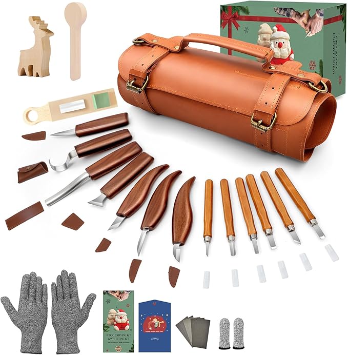 COZYGIFT Wood Carving Kit for Adults & Beginners - 31-Piece Set with 7 Whittling Knives & 6 Detail Gouges, 2 Pre-Carved Basswood Blocks, Leather Roll & Splinter-Free Handles for Woodworking & DIY Gift