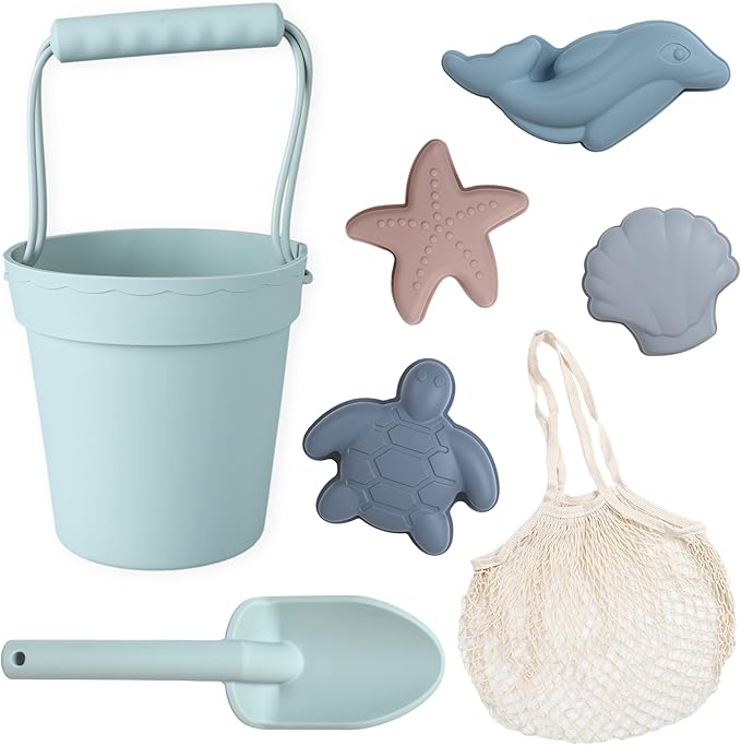 BLUE GINKGO Silicone Beach Toys - Modern Baby | Travel Friendly Set Bucket, Shovel, 4 Sand Molds, Bag for Toddlers, Kids Green