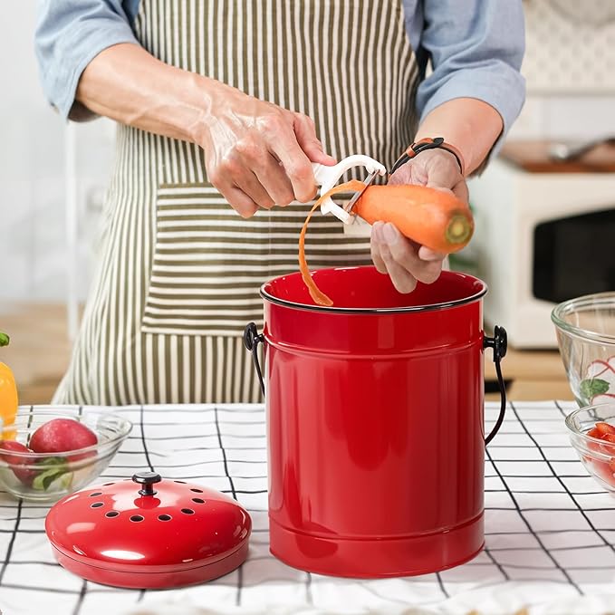 Plexon Countertop Compost Bin Kitchen with Lid, Red 1.5 Gallon Odorless Compost Container, Steel Food Compost Bucket for Kitchen with Charcoal Filter, Pail for Countertop