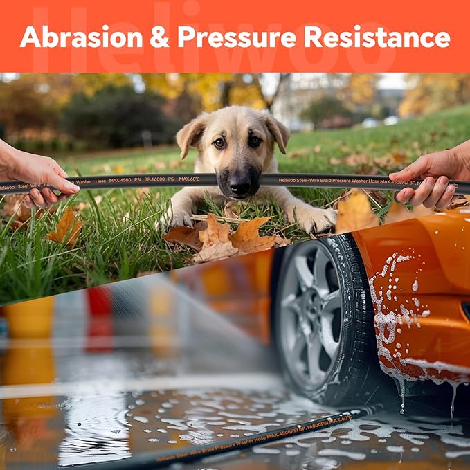 5/16" Pressure Washer Hose 50 FT, Hot and Cold Water Power Washer Hose Max 140°F, Commercial Industrial Grade Steel Wire Braided Kink Proof Extension Hose with 3/8 Quick Connect 4500 PSI