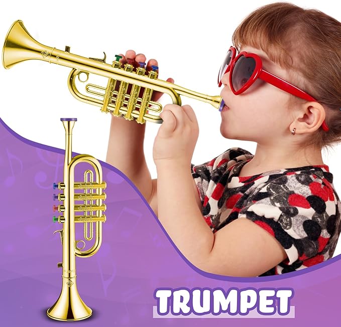 Amylove Set of 2 Toy Trumpet and Clarinet for Kids Toddlers Plastic Instruments Fake Music Toy Portable Early Educational Toys Teaching Songs Musical Gifts(Gold)