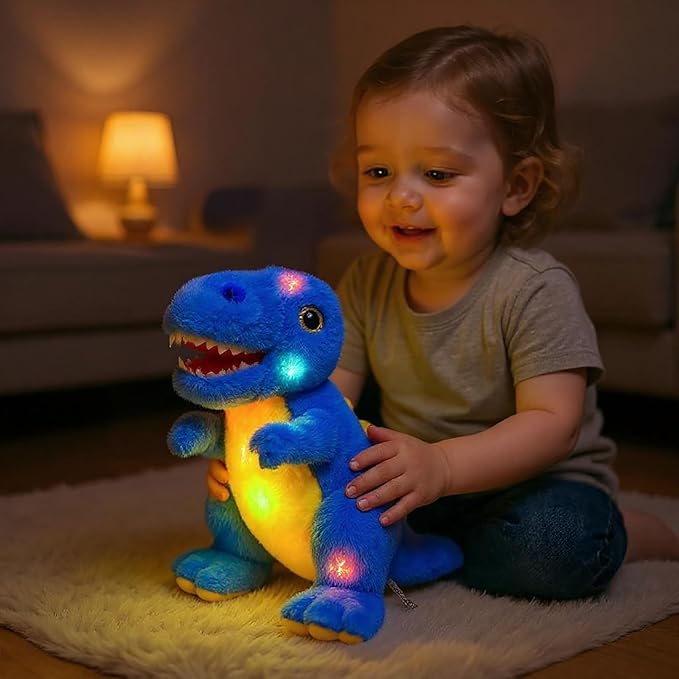 Cuteoy Light-up Singing Plush Blue Dinosaur LED Musical Stuffed Animal T-Rex Adjustable Volume Lullaby Plushies Birthday Christmas Toy Gifts for Kids Toddler Girls, 12"