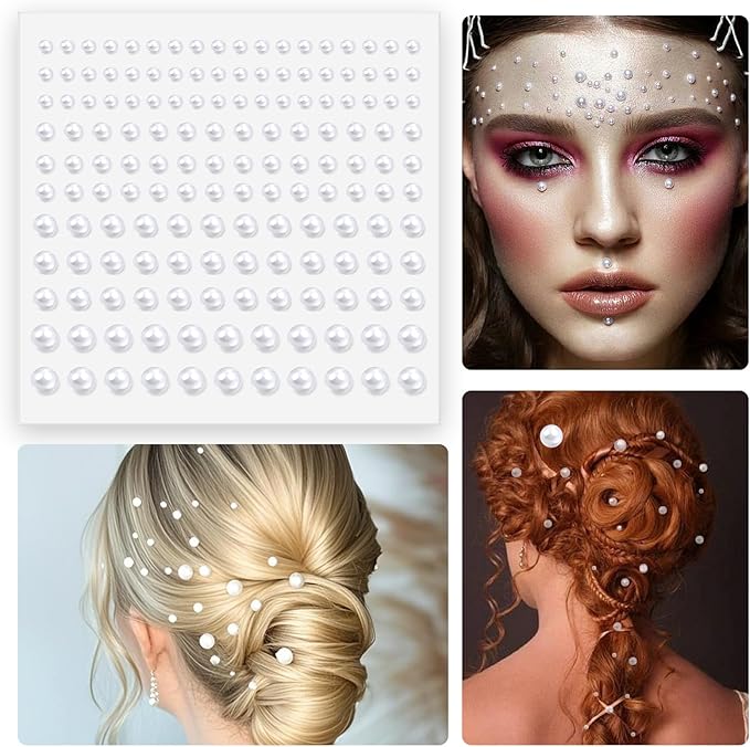 Pearl Stickers Self Adhesive Hair Pearls Gem White Jewel Sticker for Making Hair Decor Face,Body, Nail, Phone Art Craft Scrapbooking Embellishments Assorted Size 3mm/4mm/5mm/6mm (165)