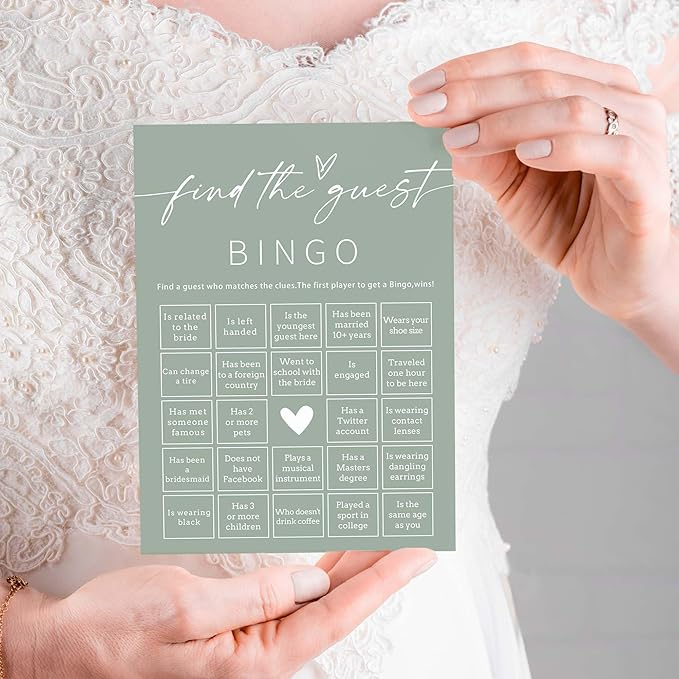 Bridal Shower Games Cards, 25Pcs Prefilled Find The Guest Bingo Game Cards, Engagement Party Games for Guests, Minimalist Green Wedding Party Supplies - C19