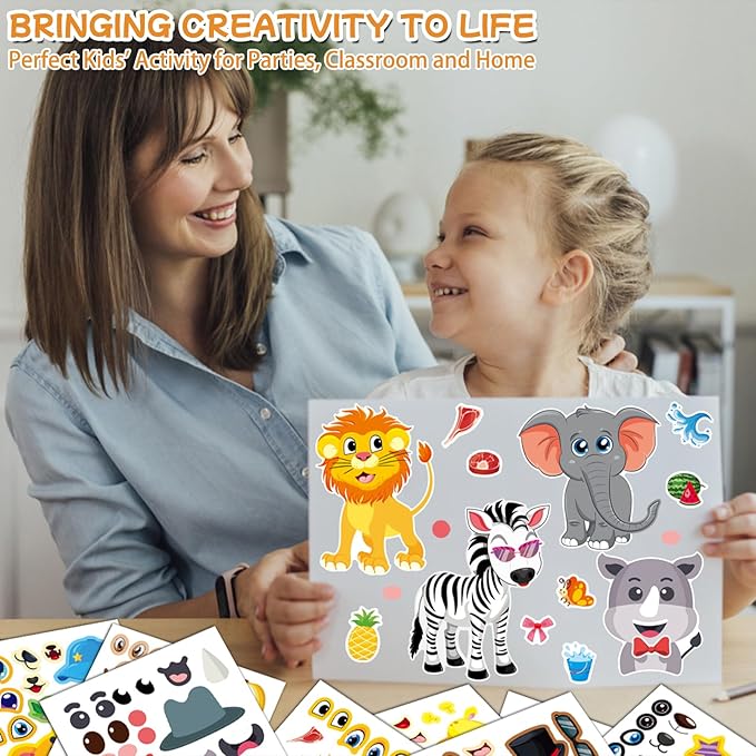 Aowplc 48 Make A Safari Animal Sticker Sheets - Jungle & Zoo Party Favors Supplies - Fun Craft Activities for Kids Ages 3+