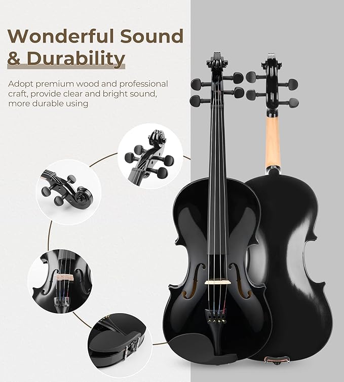 Vangoa 4/4 Full Size Beginner Violin Set, Acoustic Violin for Adults, Teens and Children over 11, Violin Beginner Set (with Hard Case, Rosin, Shoulder Rest, Bow, Spare Strings, Mutes and Black Set)