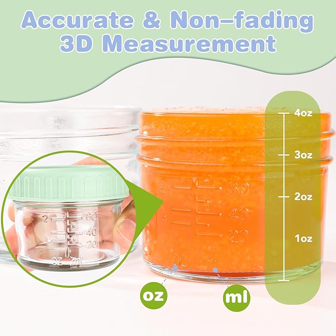 16 Pack Glass Baby Food Storage Containers, 4 oz Leakproof Baby Food Jars with Lids, Small Glass Food Containers for Infant Baby, Freezer & Microwave Safe, BPA Free