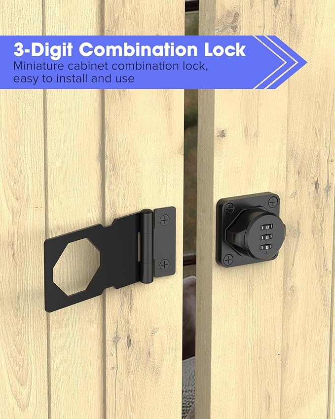 3.5Inch Mechanical Password Rotary Hasp Latch Locks, 3-Digit Cabinet Combination Lock for Small Doors, Cabinets, Barn Door, Closet, Kitchen Drawers, Cupboard (Black -1pc)