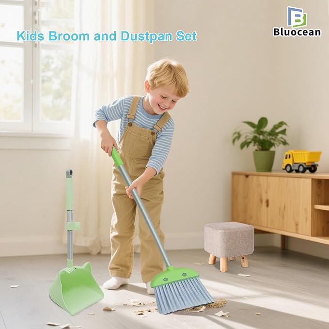 28′′ Mini Broom and Dustpan Set for Kids-Ideal Kids' Toys as Gifts, Parent-Child Interactive Cleaning Tool, Cute Cartoon Design, Household Helper for Toddlers, Small Safe Corner Broom (Green Sprout)