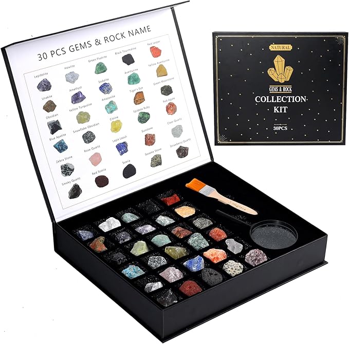 Rock Collection for Kids - 30 Pcs Rocks, Gemstones & Crystals Kit with Learning Guide,Mineral Education Set Geology Science STEM Toys, Earth Science Activity,Gifts for Boys & Girls