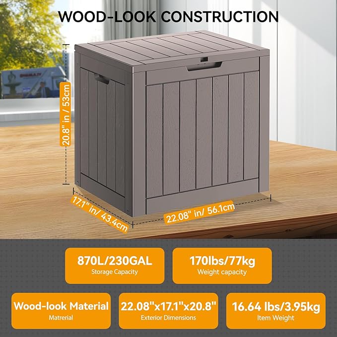 KAMABOKO Deck Box, 32 Gallon Resin Indoor and Outdoor Storage Boxes Waterproof for Garden Tools, Pool Accessories Storage Bench, Patio Furniture and Cushions with Lockable Lid, Grey