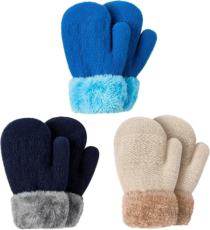 Winter Mittens Gloves Beanie Hat Set for Kids Baby Toddler Children, Thick Warm Knit Fleece Lined Thermal Set for Boys Girls