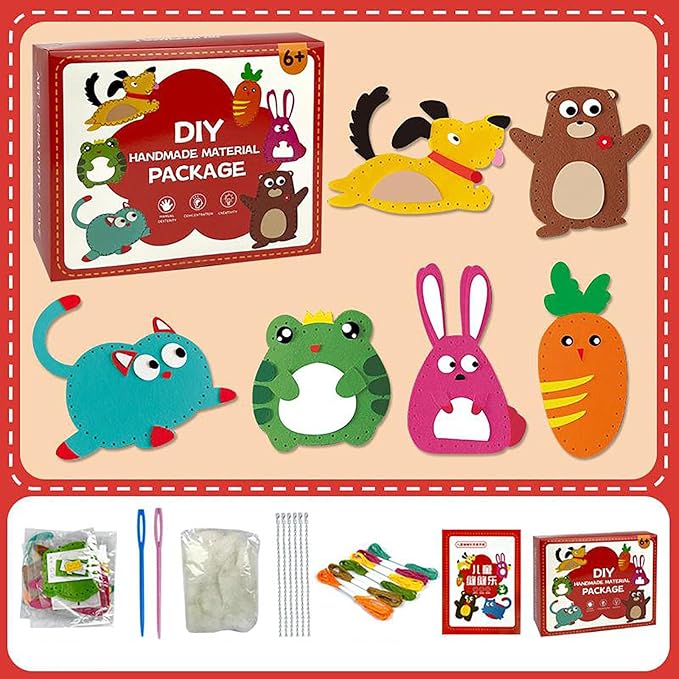 Whateveri DIY Doll Sewing Toys Kit for Kids 8-12, My First Sewing Kit, Weaving Loom, Sew Fun Animals, Handmade Crafts (A+B+C)