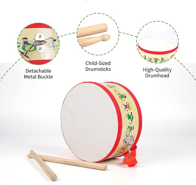 Kids Drum Set with Adjustable Strap: Toddler Musical Instrument for Ages 3-5, Wearable Drum Kit with Drumsticks, Educational Percussion Toy for Rhythm Music Development (Red)