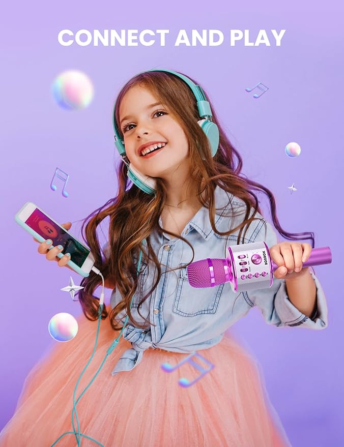 BONAOK Wireless Bluetooth Karaoke Microphone, Portable Toy Microphone for Singing, Gifts to Girls Boys Kids Adults All Age Q37（Bright Purple）