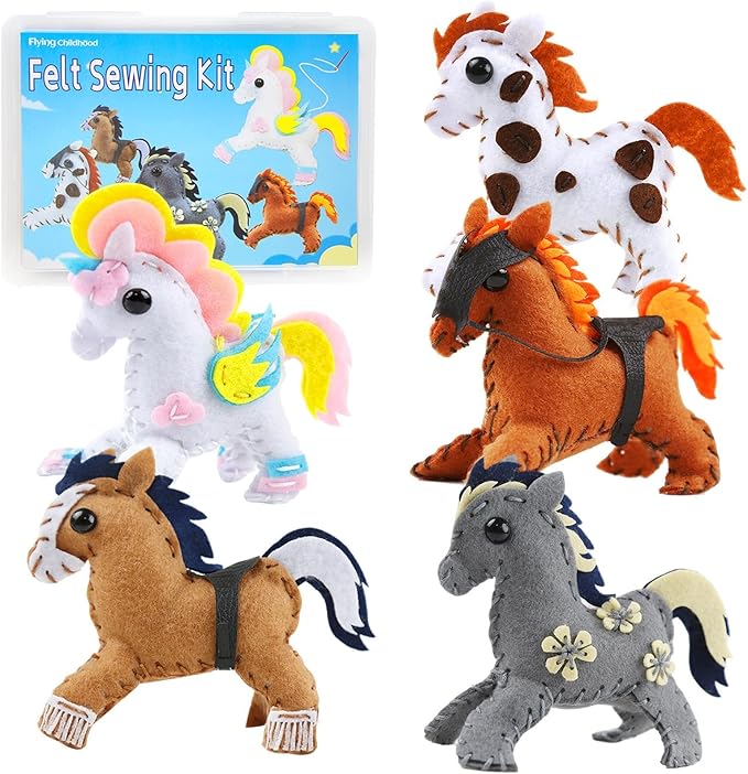 Sewing-Kit for Kids Ages 8-12, Horse Craft Sew Your Own Stuffed Animal of 5 DIY Projects, Unicorn Pony Toy Gift for Girls Boys