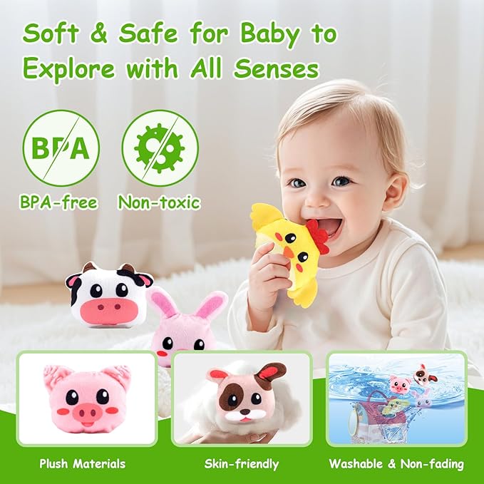 Baby Toys 6-12 Months, Soft Barn Toy with 6 Stuffed Farm Animals, Rattle, Crinkle, Mirror, Sensory Toys for Toddlers 1-3, 6 7 8 9 10 Month Old Baby Toys, Montessori Toys Gift for 1 Year Old Boy Girl