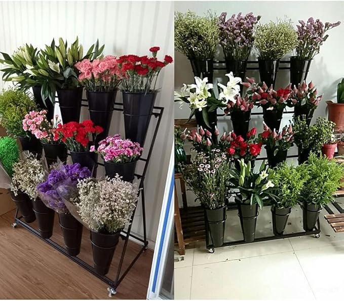 Flower Display Stand, 3-Layer Heavy-Duty Mobile Plant Cart shelve with Wheels, with Plastic Buckets, Easy to Install, Suitable for Indoor and Outdoor Balcony Courtyard Garden Art Exhibitions