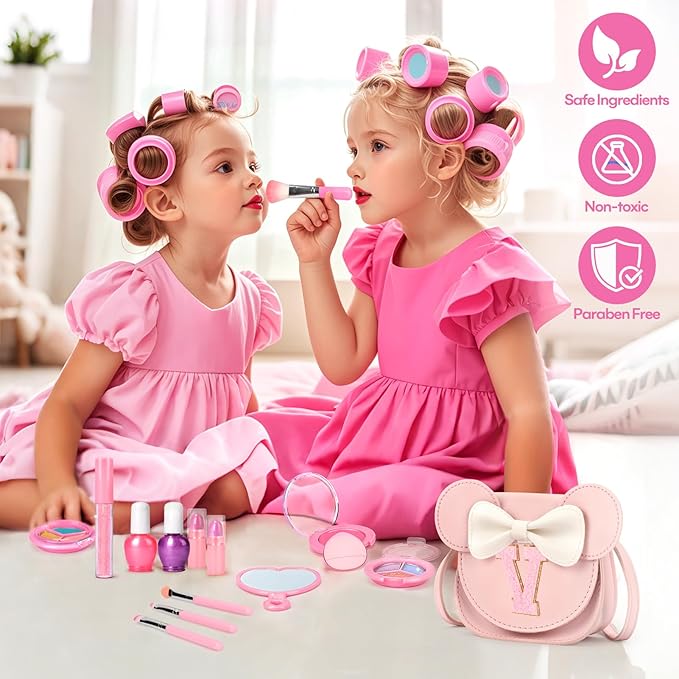 Kids Makeup Kit for Girls - 15 Pcs Real Washable Make Up Set - Non Toxic Toddlers Cosmetic with Letter Mouse Ear Purse - Dress up Birthday Gifts for 3 4 5 6 7 8 Years Old Girls - V