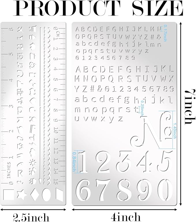 4 Pieces Metal Planner Stencil Journal Engraving Stencils Rustproof Small Letter Metal Stencils for Journaling, Bookmarks, Rulers, Planners, Scrapbooks (Metal4)