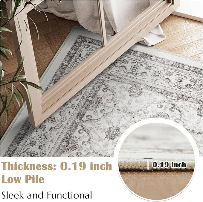 jinchan Floral 2x3 Rugs for Entryway - Machine Washable Beige Vintage Distressed Boho Design Soft Faux Wool Small Non-Slip Doormat for Entrance Kitchen Living Room Bedroom Farmhouse (2‘x3',Beige)