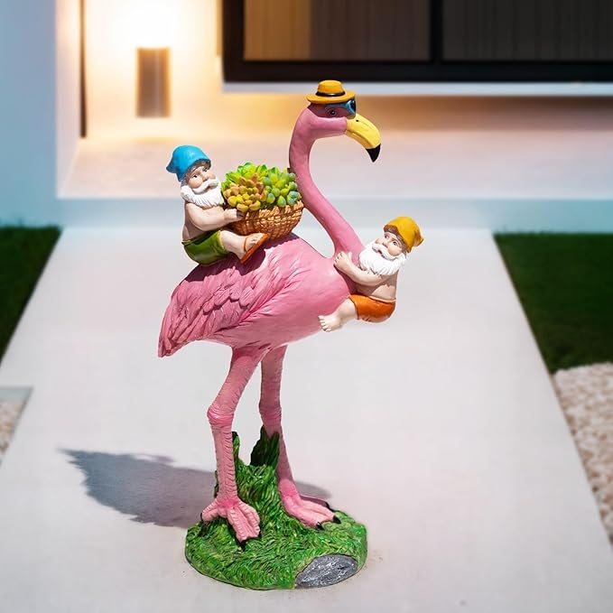 Gnomes Flamingo Garden Statue – Resin Sculpture for Yard, Patio or Lawn Decor – Funny Garden Gnome Gift for Mom, Women, Friends (No Lights)