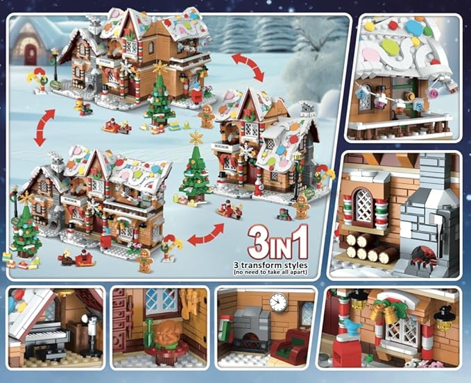 3 Style Christmas Gingerbread House Building Set with Lights - 2025 Christmas Castle Village Building Block Toy with Santa Claus Xmas Tree Train Gifts for Adults Kids Girls Boys Ages 6+ (1477PCS)