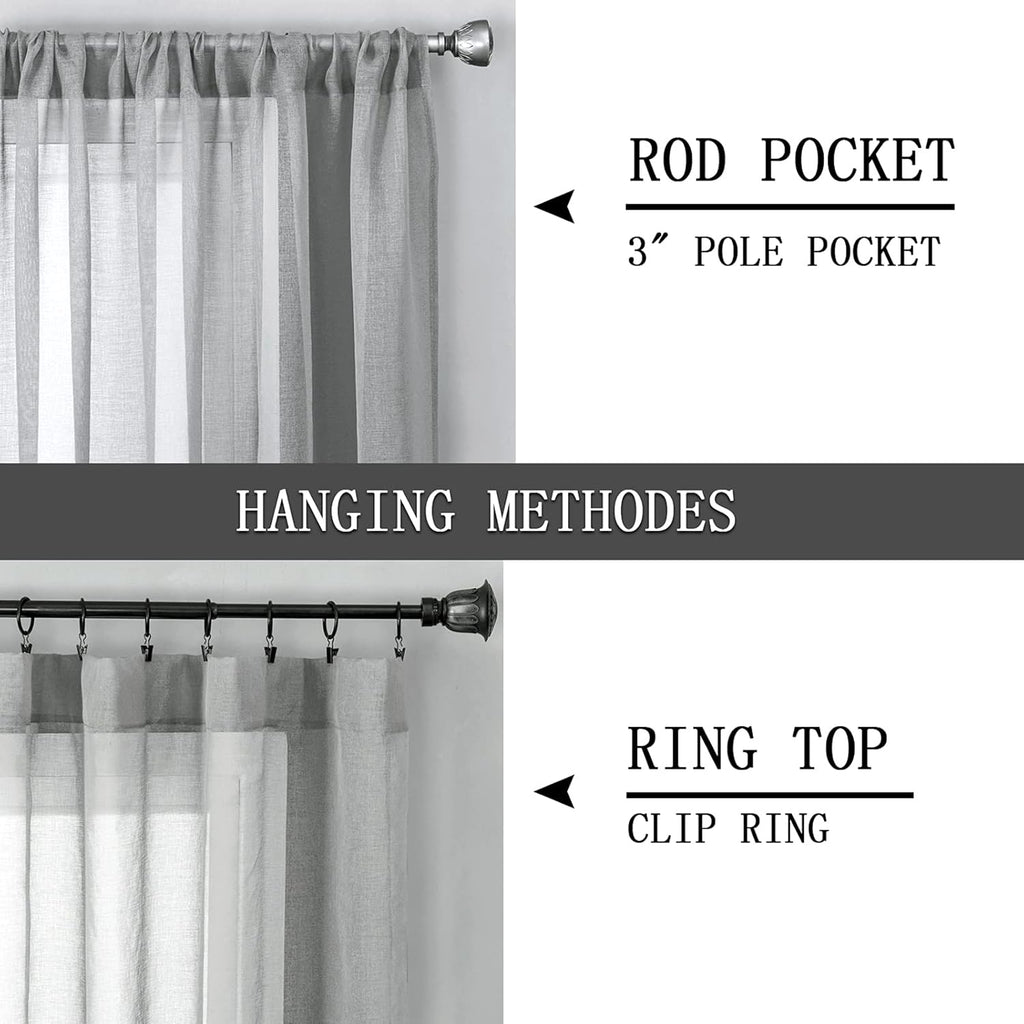 Tollpiz Sheer Tier Curtain Linen Textured Half Kitchen Curtains Sheer Light Filtering Rod Pocket Voile Small Curtains for Bathroom, 25 x 36 inches Long, Silver Grey, Set of 2 Panels